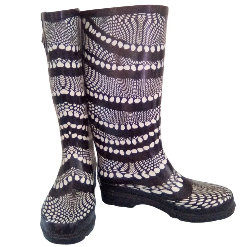 ShedRain Women Black‎ White Optical Illusion Print Tall Rubber Rain Boots Size 7